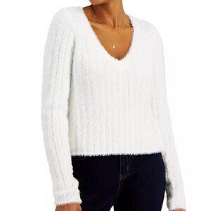 Major Label Group White Fuzzy Rib Knit Sweater Size Medium